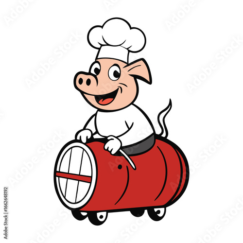 A cheerful chef pig rides on a sizzling BBQ barrel, blending humor and flavor. With a playful grin, it brings tasty fun to the grill with smoky charm and whimsy.
