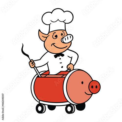 A cheerful chef pig rides on a sizzling BBQ barrel, blending humor and flavor. With a playful grin, it brings tasty fun to the grill with smoky charm and whimsy.
