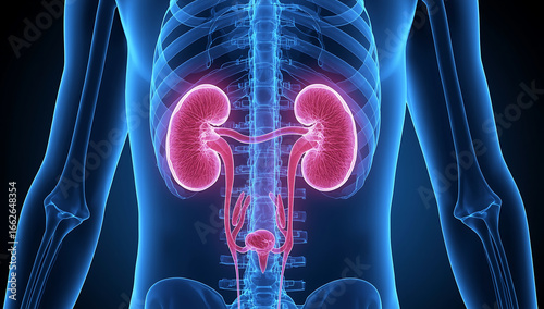 Digital illustration showing a human torso with highlighted kidneys and urinary system in pink. The skeletal frame and spine are visible in blue.