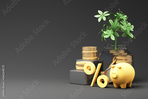 Piggy bank, golden percent symbol, and money tree with coin stacks, representing savings, interest rate, and financial success. 3d rendering