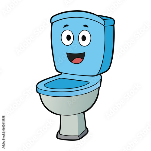 A playful cartoon toilet with a cheerful expression, bright colors, and fun details, turning a simple commode into a cute, whimsical character for kids.
