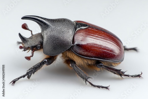Closeup of a brown and black rhinoceros beetle with a prominent horn resting on a white surface