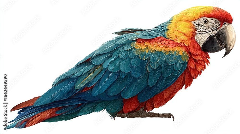 Fototapeta premium Colorful parrot with orange head, blue wings, and red belly facing right