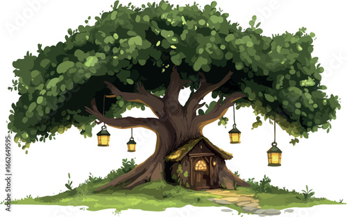Whimsical enchanted treehouse with glowing lanterns and a cozy dwelling nestled within its roots