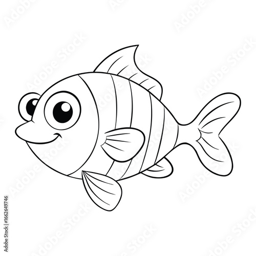 A cheerful, colorful cartoon fish with big sparkling eyes, playful fins, and a smiling face, swimming happily in bright, bubbly underwater surroundings.
