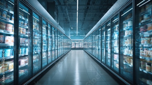 Supermarket's freezer aisle with glass doors, lined products in cold, blue light