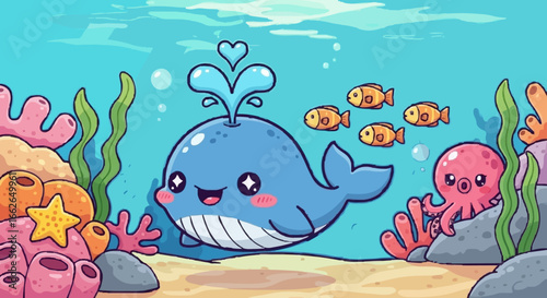 Whales that are happy in pictures with shades of happy, with blue, and perfect combinations. Cartoon style makes the impression very comfortable and can be for all people