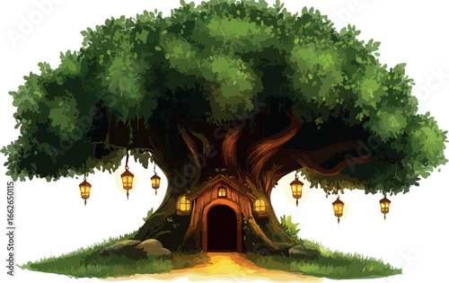 Magical enchanted ancient treehouse with glowing lanterns and a welcoming fairy tale entrance