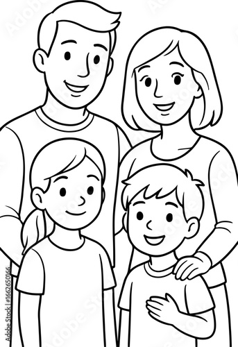 "Happy Family Portrait Line Art – Cartoon Togetherness, Generational Bonding & Emotional Warmth for Coloring and Educational Design"