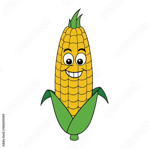 A cheerful corn cob with a playful smile and tiny arms, spreading laughter and fun, perfect for cartoons, stickers, or lighthearted food illustrations.
