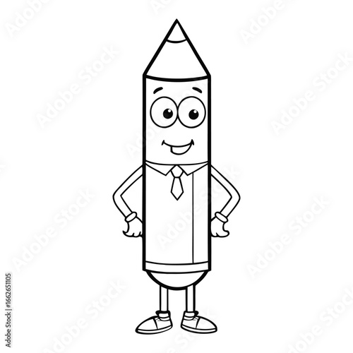 A cheerful pencil teacher character holding a book, ready to teach, perfect for kids’ coloring pages, with fun, educational vibes and bright vector style.
