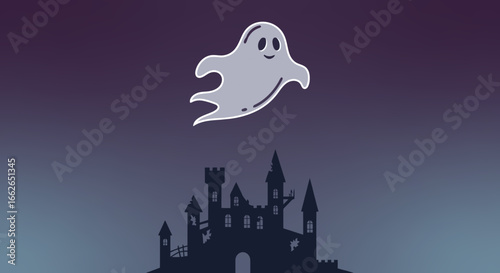 Spooky ghost hovers above haunted castle silhouette