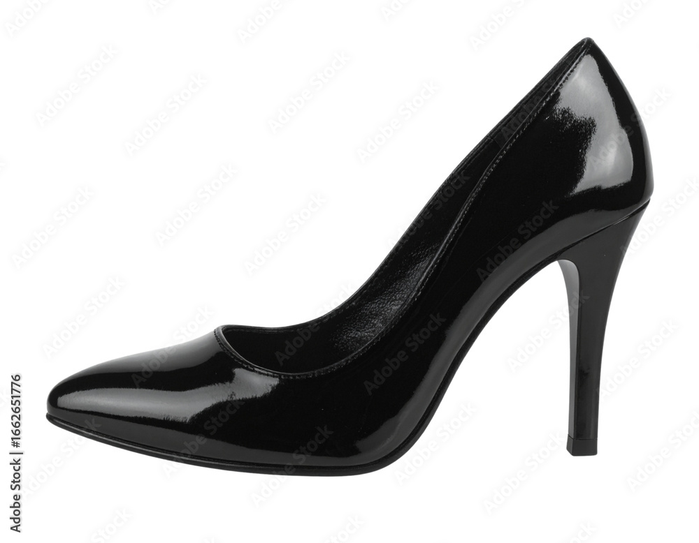 Obraz premium Side Angle of Black Patent Stiletto Heel with Shiny Surface, isolated on transparent background PNG