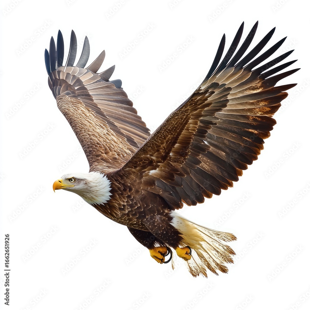 Obraz premium Majestic bald eagle in flight against white background