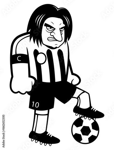 A Man with long haircut style, wearing club uniform and play as a captain. His ready for kick a ball. Best for outline, logo, and coloring book with soccer themes
