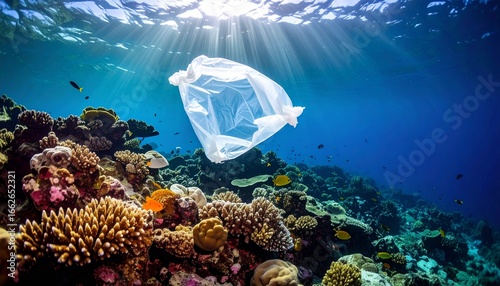 Contamination Of The Oceans , Result Of A Human Activities. Plastic garbage is swimming on water surface. Plastic bag floating over reef in the ocean. Plastic pollution in ocean problem.  