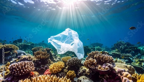 Contamination Of The Oceans , Result Of A Human Activities. Plastic garbage is swimming on water surface. Plastic bag floating over reef in the ocean. Plastic pollution in ocean problem.  