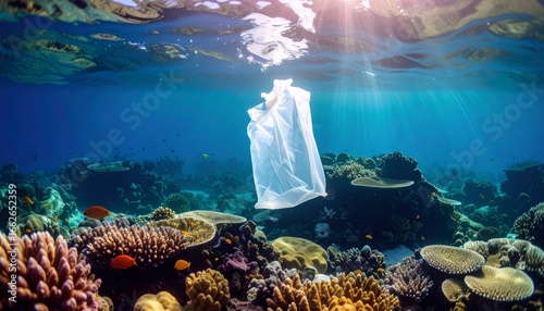 Contamination Of The Oceans , Result Of A Human Activities. Plastic garbage is swimming on water surface. Plastic bag floating over reef in the ocean. Plastic pollution in ocean problem.  