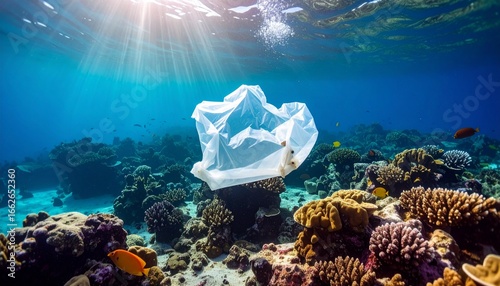 Contamination Of The Oceans , Result Of A Human Activities. Plastic garbage is swimming on water surface. Plastic bag floating over reef in the ocean. Plastic pollution in ocean problem.  