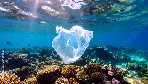 Contamination Of The Oceans , Result Of A Human Activities. Plastic garbage is swimming on water surface. Plastic bag floating over reef in the ocean. Plastic pollution in ocean problem.  