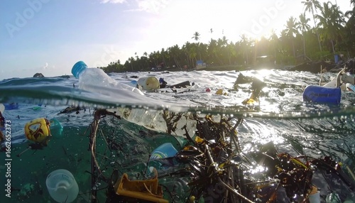 Contamination Of The Oceans , Result Of A Human Activities. Plastic garbage is swimming on water surface. Plastic bag floating over reef in the ocean. Plastic pollution in ocean problem.  