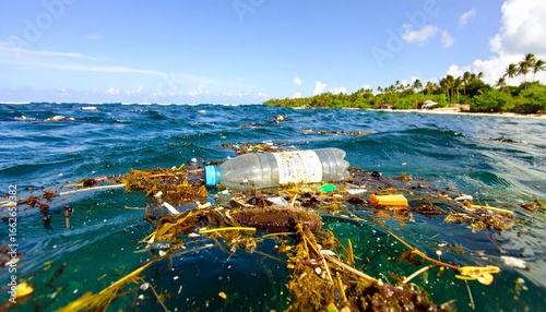 Contamination Of The Oceans , Result Of A Human Activities. Plastic garbage is swimming on water surface. Plastic bag floating over reef in the ocean. Plastic pollution in ocean problem.  