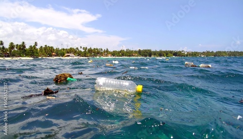 Contamination Of The Oceans , Result Of A Human Activities. Plastic garbage is swimming on water surface. Plastic bag floating over reef in the ocean. Plastic pollution in ocean problem.  