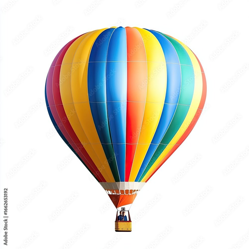 Fototapeta premium A colorful hot air balloon floats against a white background. It's a vibrant, round balloon with horizontal, multicolored stripes of yellow, blue, red, and orange. A small, 