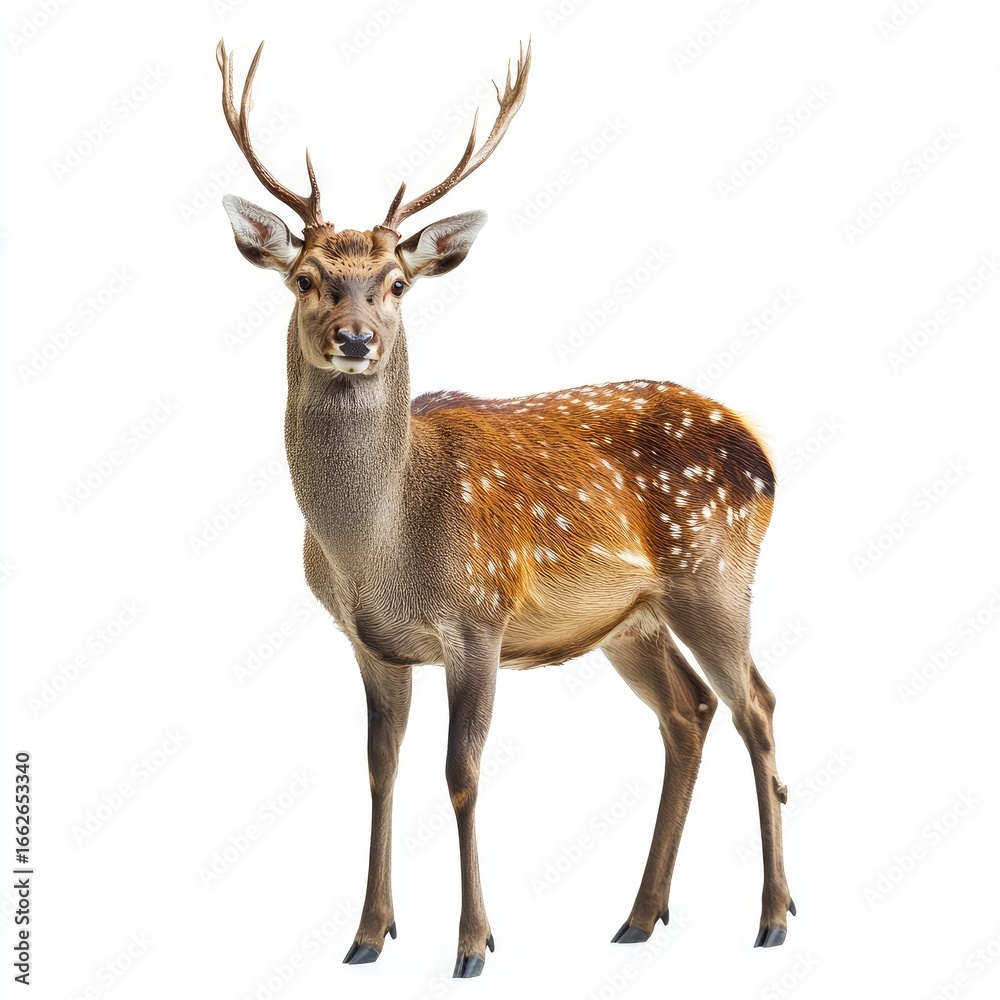 Full shot of a spotted deer, facing forward, against white background Full shot of a spotted deer, facing forward, against white background