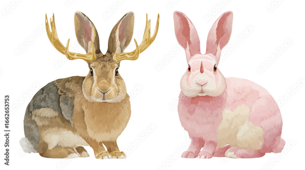 Fototapeta premium Creative Illustration of a Rabbit and a Jackalope on Transparent Background
