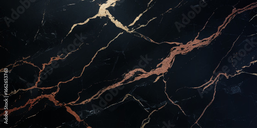 Luxurious marble texture with a predominantly black background and flowing patterns with golden veins running through it, creating a striking contrast.	