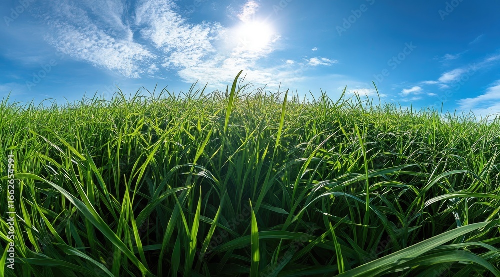 Fototapeta premium Lush green grass field under a vibrant blue sky (3)