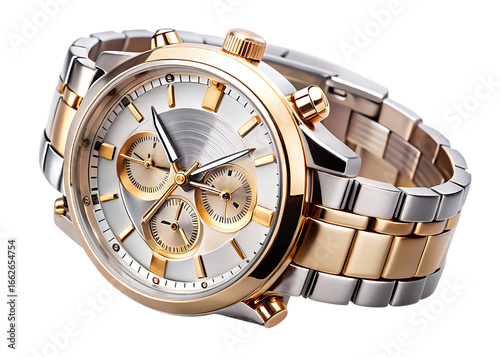 Luxury two tone metal wristwatch with white dial and gold accents isolated on a transparent background