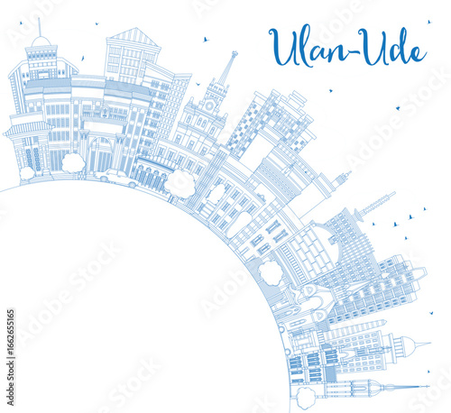 Outline Ulan-Ude Russia city skyline with blue buildings and copy space. Ulan-Ude cityscape with landmarks. Business and tourism concept with modern and historic architecture.