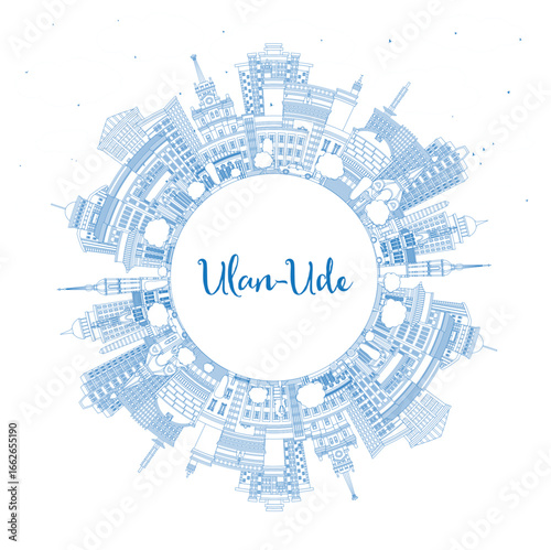 Outline Ulan-Ude Russia city skyline with blue buildings and copy space. Ulan-Ude cityscape with landmarks. Business and tourism concept with modern and historic architecture.