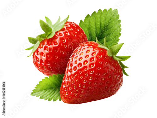 Two ripe red strawberries with green leaves isolated on black background, Isolated On White Background, Png Transparent