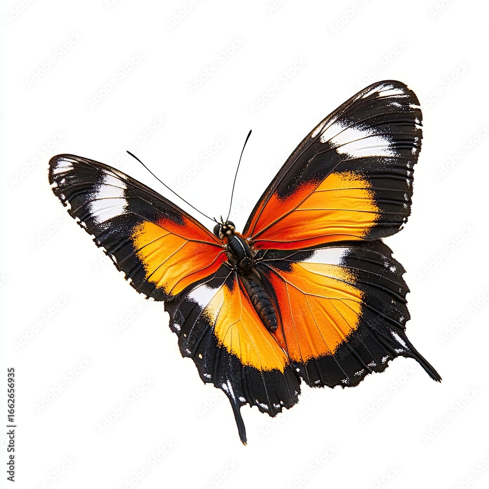 Fototapeta premium Vibrant orange and black butterfly, wings outstretched, isolated on white