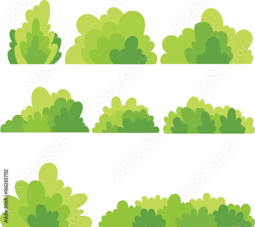 Cartoon Green Bushes Set – Vector Nature Elements for Game Design and Graphics. Hand-drawn stylized vegetation elements for game design, landscape illustration and nature graphics