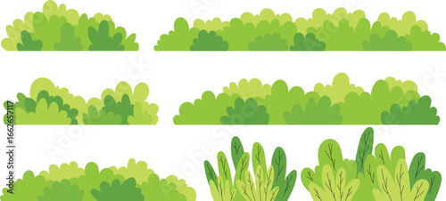 Cartoon Green Bushes Set – Vector Nature Elements for Game Design and Graphics. Hand-drawn stylized vegetation elements for game design, landscape illustration and nature graphics