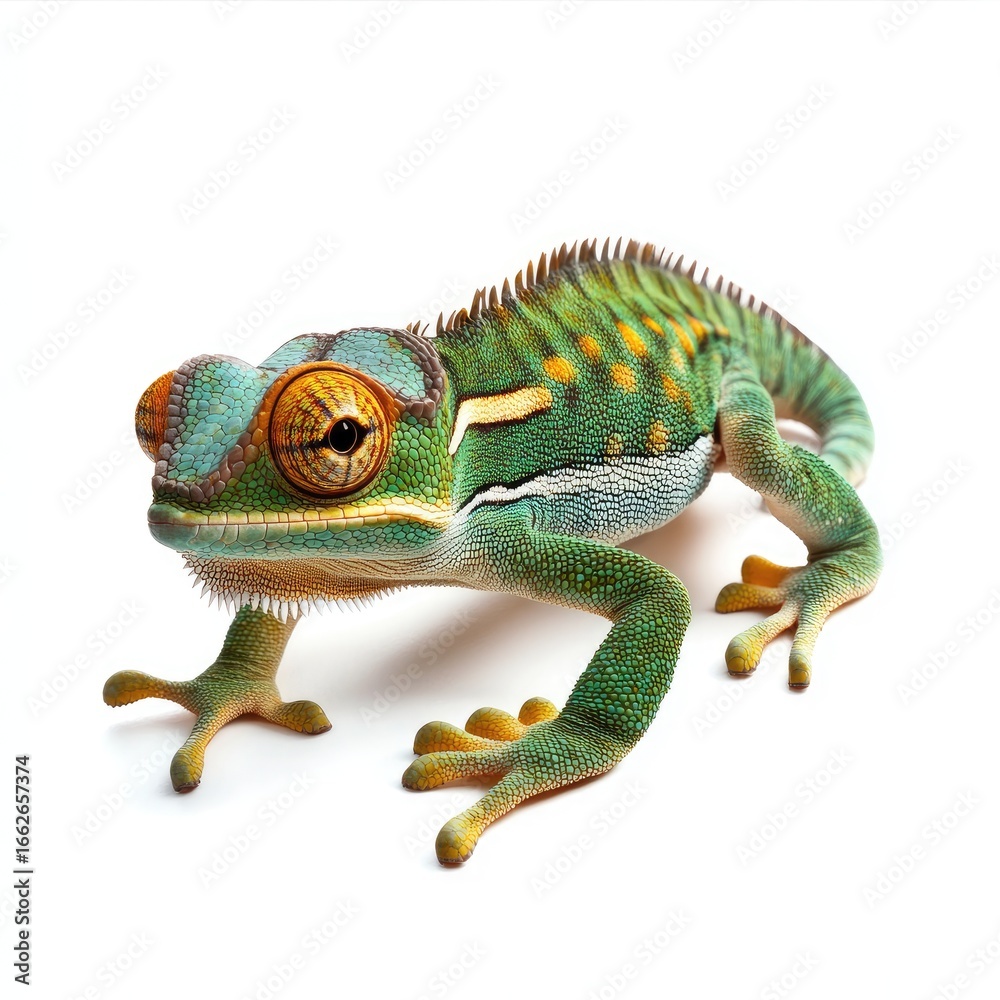 Obraz premium Colorful chameleon, side view, isolated on white