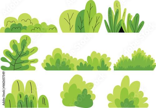 Cartoon Green Bushes Set – Vector Nature Elements for Game Design and Graphics. Hand-drawn stylized vegetation elements for game design, landscape illustration and nature graphics
