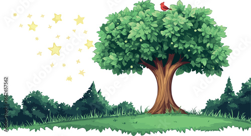 Vibrant green tree with lush foliage stands tall in a sunlit meadow with a distant forest
