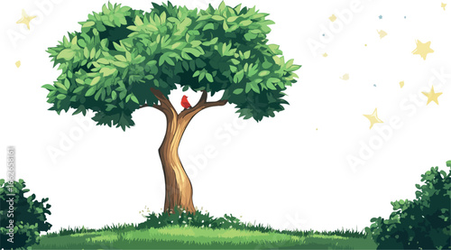 Vibrant green tree with lush foliage standing tall on a grassy hilltop