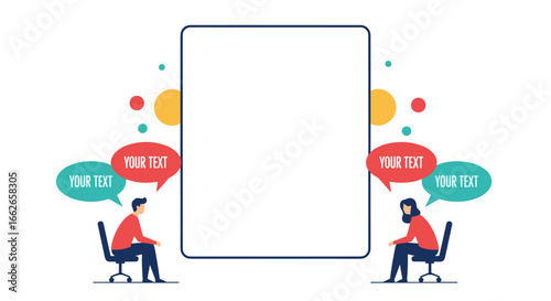Illustration of two people in chairs communicating ideas in speech bubbles around a blank digital tablet screen