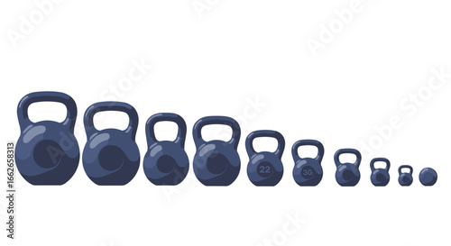 A collection of dark blue iron kettlebells of varying sizes lined up in a row against a white background