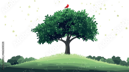 A solitary green tree with a bright red bird perched on its top branch