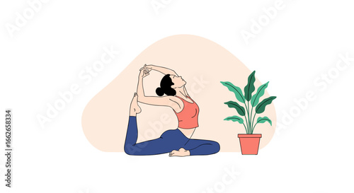 Graceful woman practicing yoga pose with plant nearby promoting wellness and healthy lifestyle