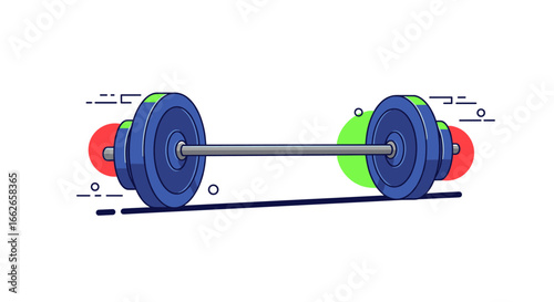 Illustrative graphic of a barbell with blue weights red and green accents and dashed lines representing movement or energy during a workout session