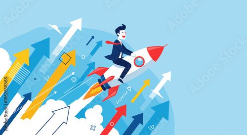 Successful businessman riding a rocket ship soaring upwards through a sky filled with upward pointing arrows representing growth and progress