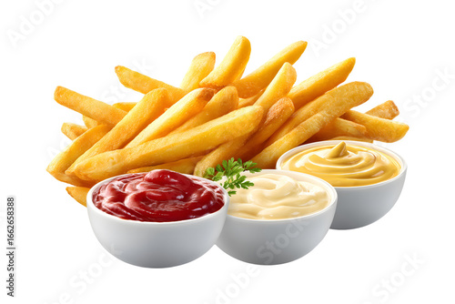 Golden french fries with ketchup, mayonnaise and mustard isolated transparent background
